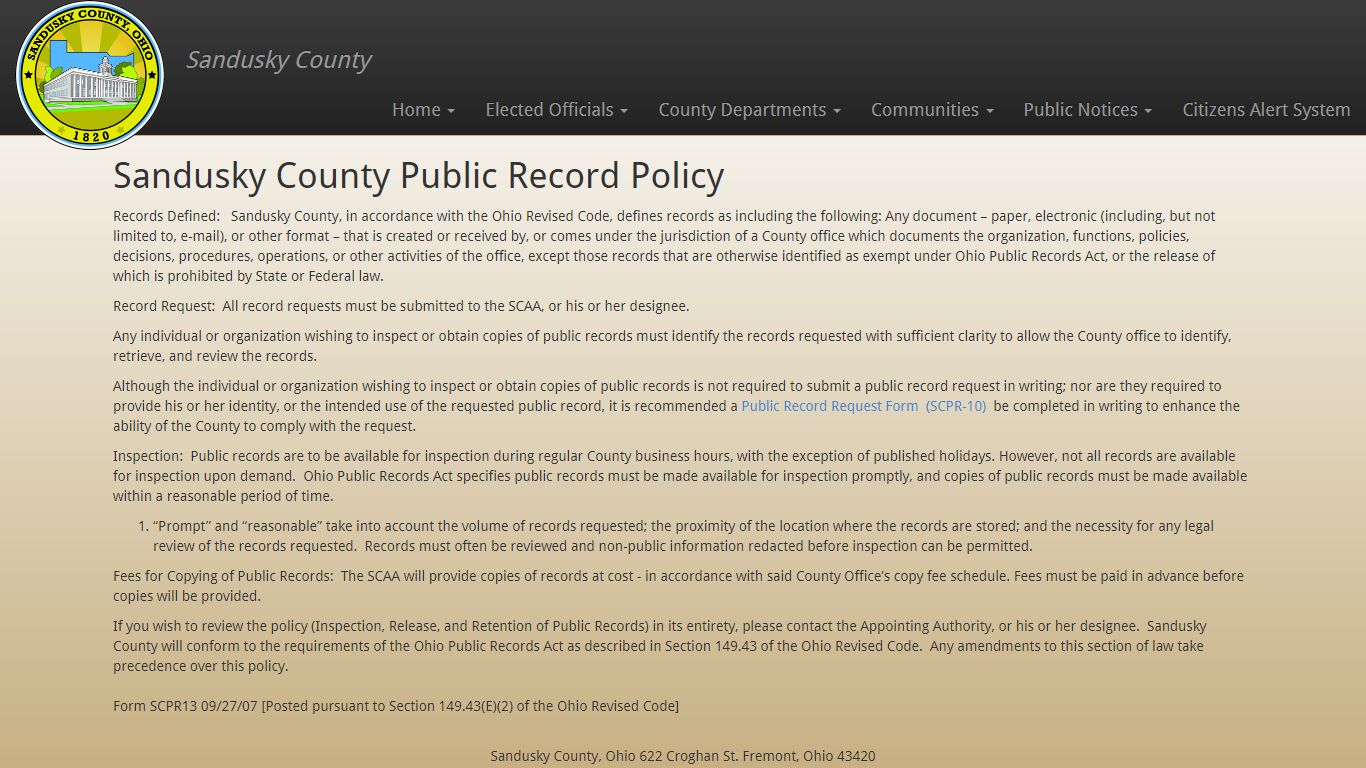 Sandusky County, Ohio - Public Record Policy